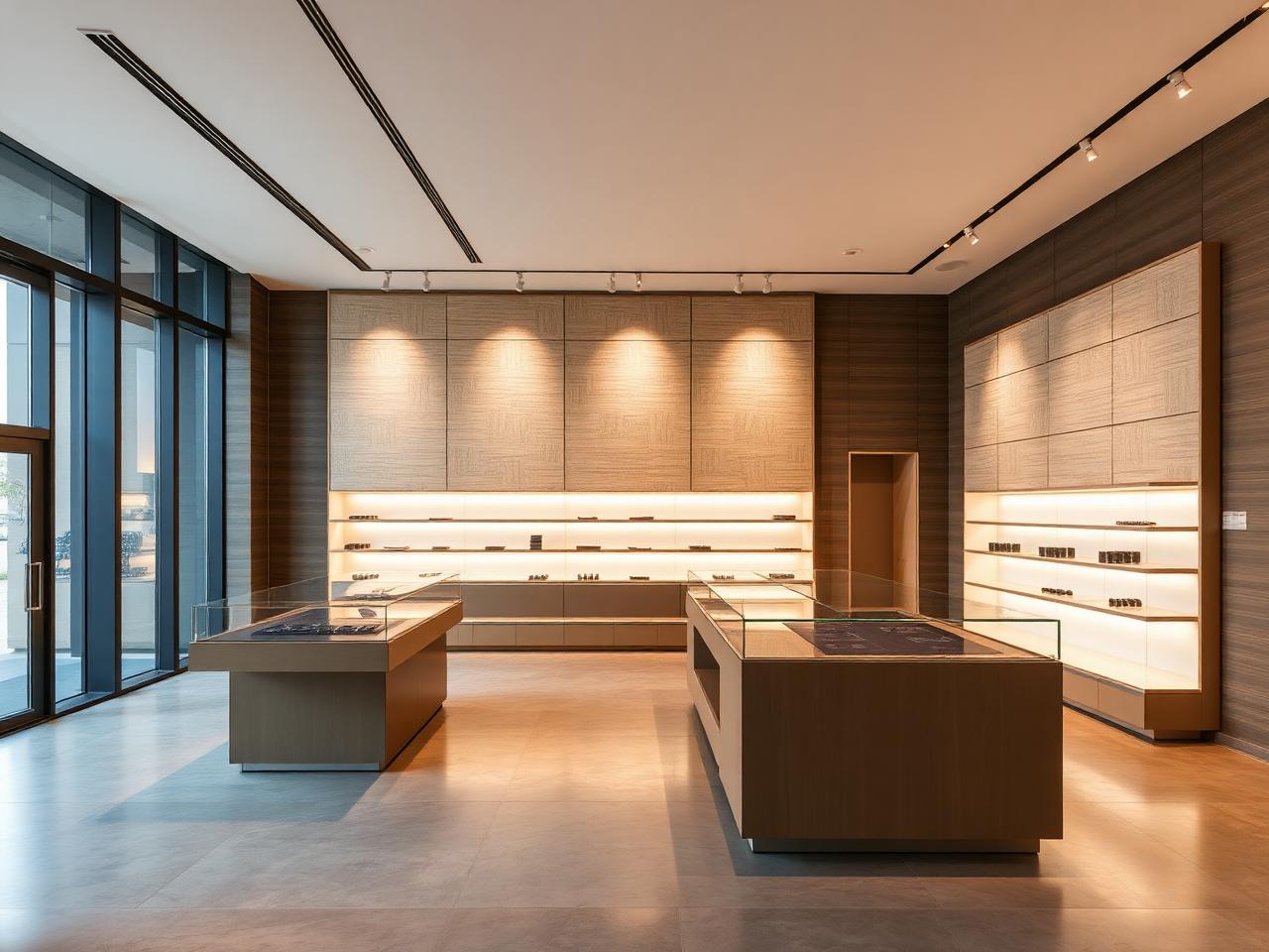 Retail showroom interior with lit wall cladding and display counters