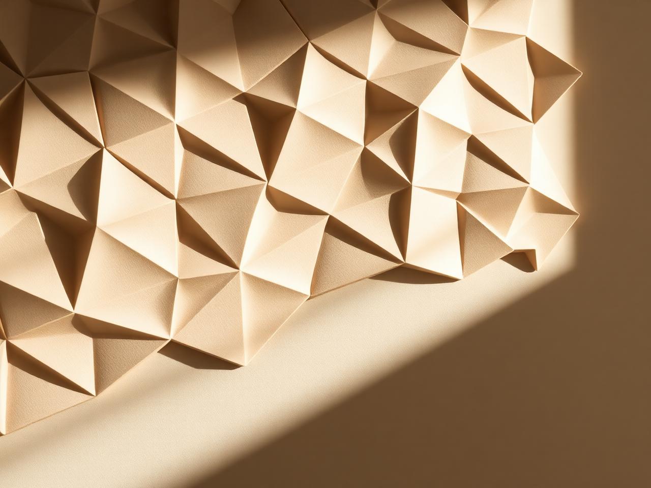 Sand-toned three dimensional geometric wall panel lit from the side