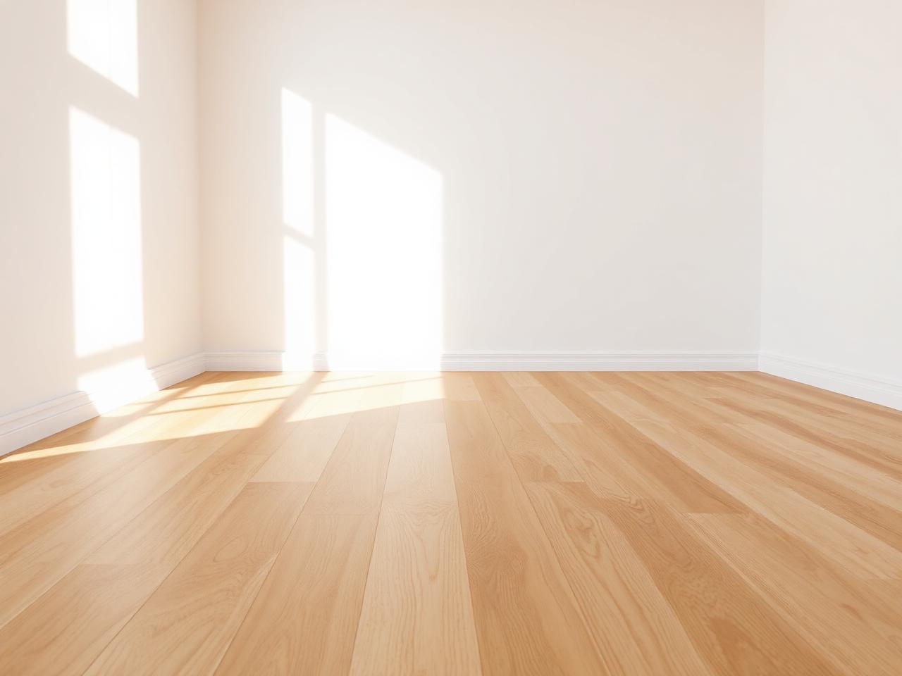 Empty bright room with wide plank light oak flooring