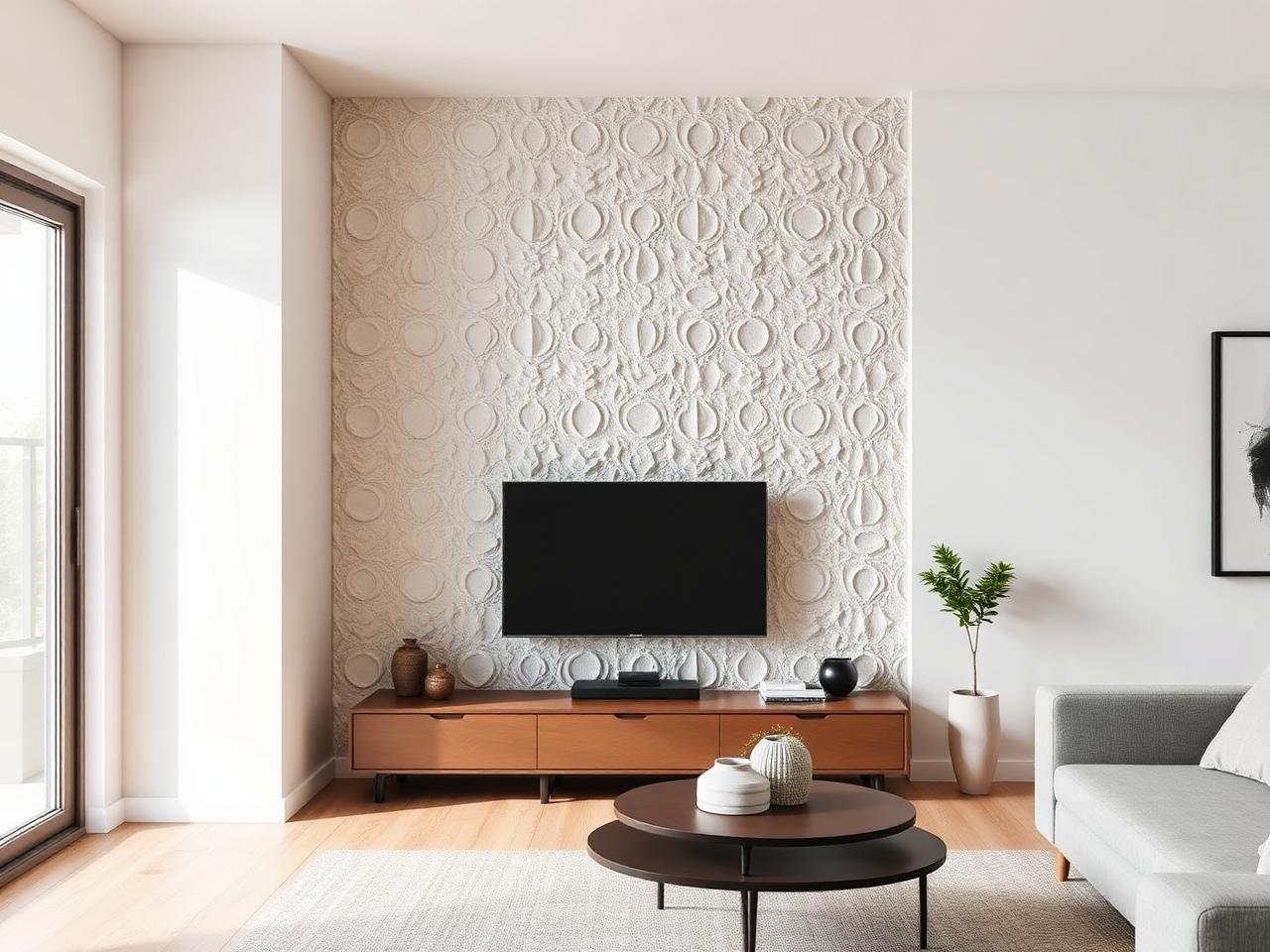 Living room with a textured decorative wall panel behind a wooden TV unit