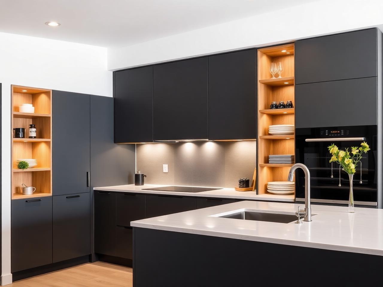 Modern modular kitchen with graphite cabinets and warm oak open shelving