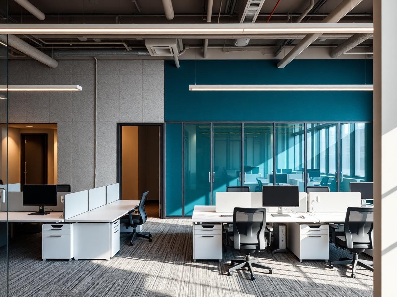 Open plan office with acoustic wall panels and a deep teal accent wall