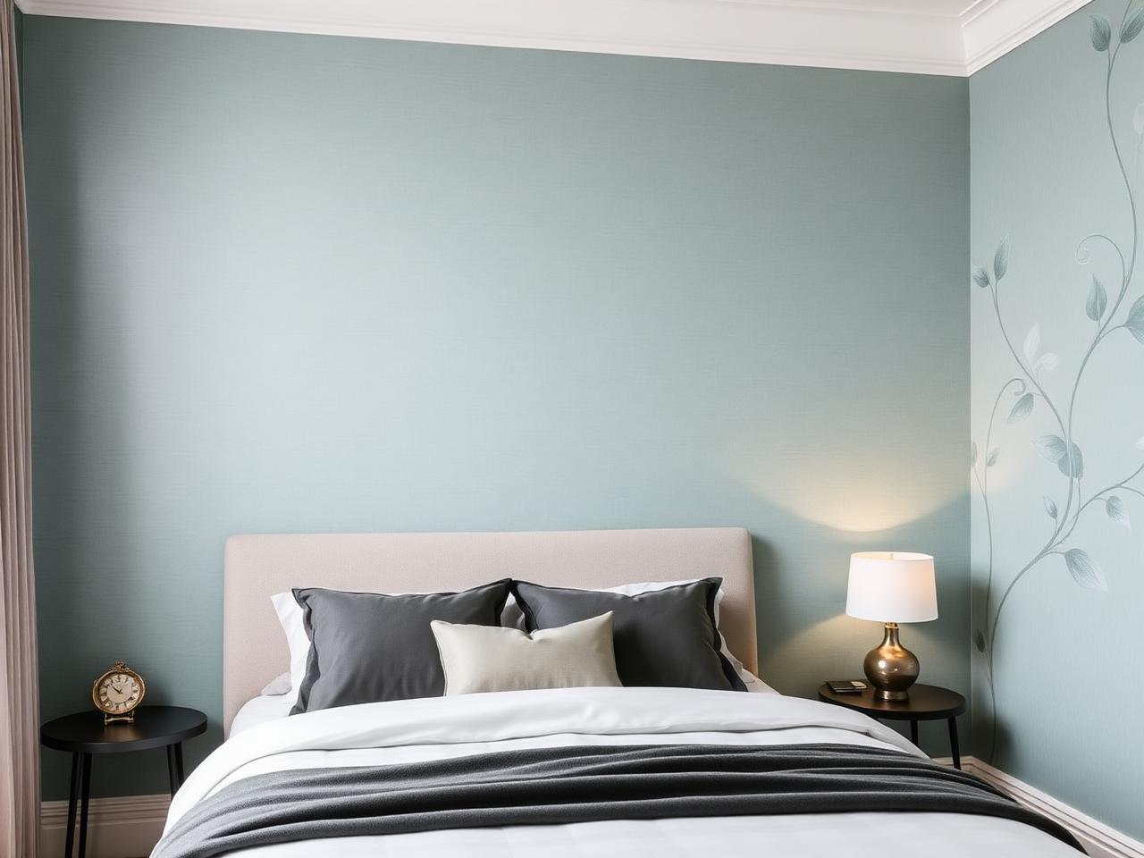Bedroom with a muted teal textured wallpaper wall behind the bed