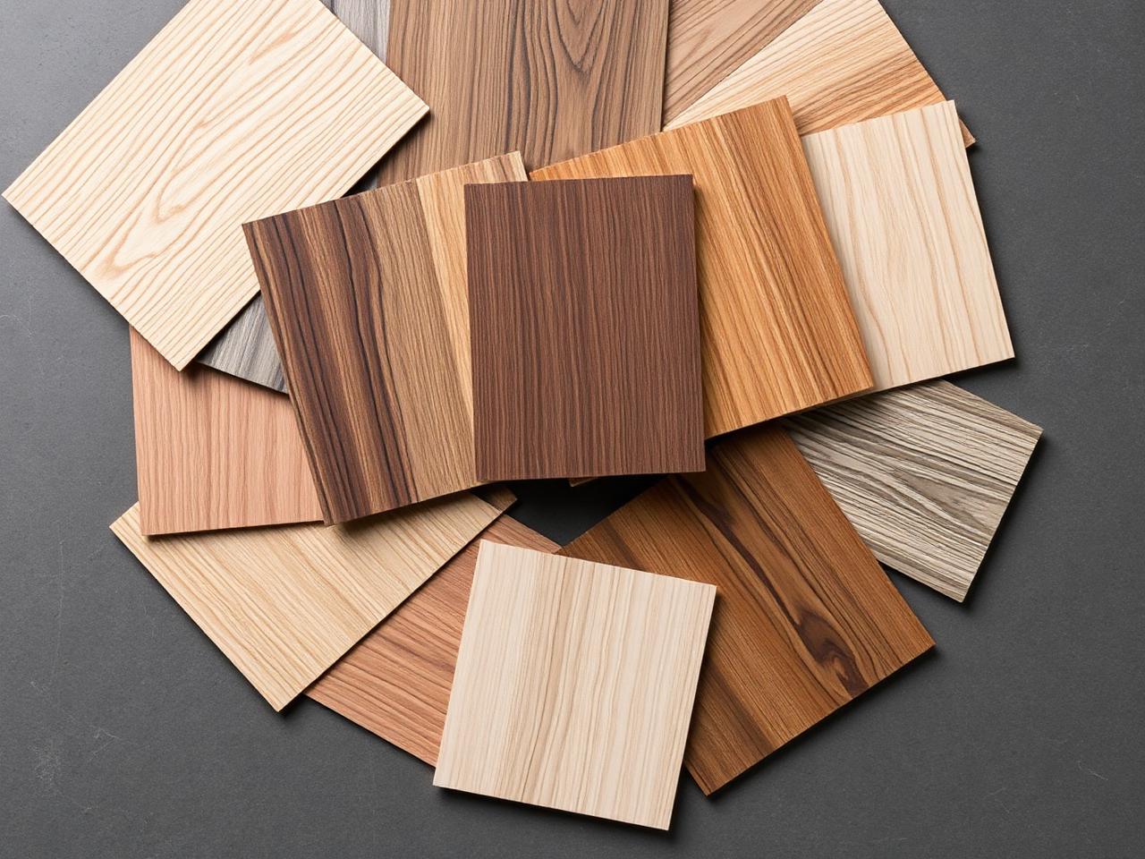 Wood veneer and laminate samples arranged on a dark surface