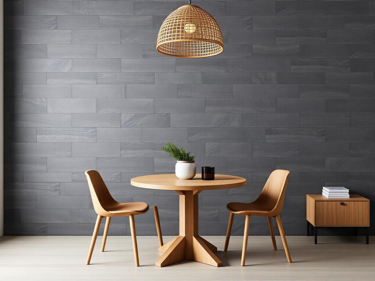 Dining area with charcoal stone-look wall cladding and a round oak table