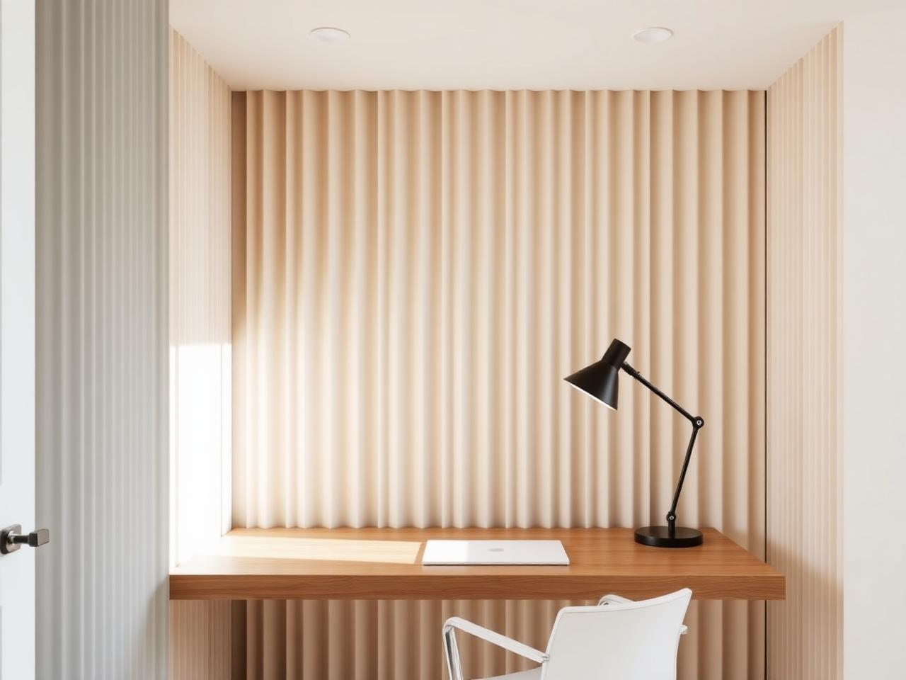 Home office nook with fluted sand panelling and a floating oak desk