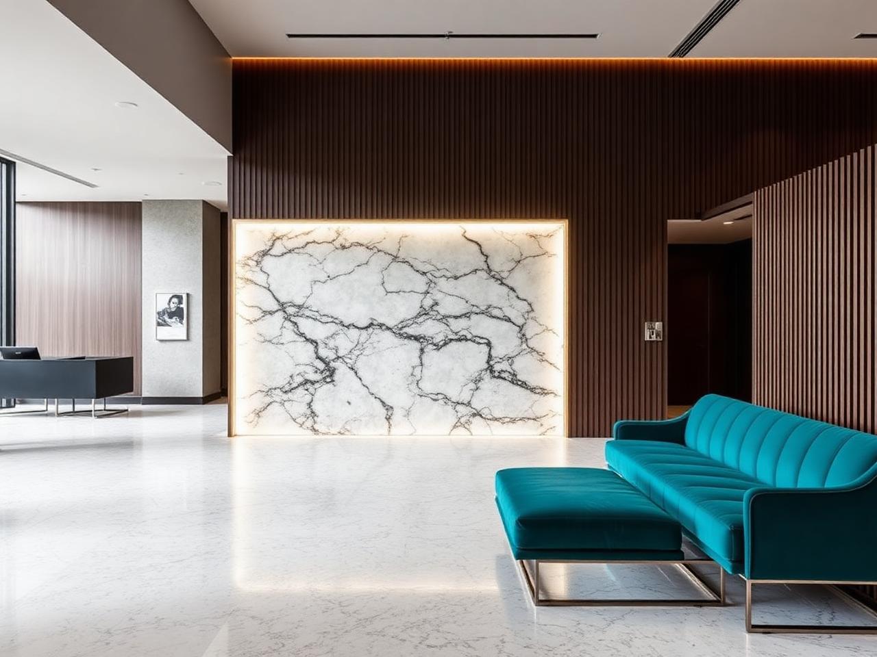 Hotel lobby with a backlit stone-look panel and teal bench seating