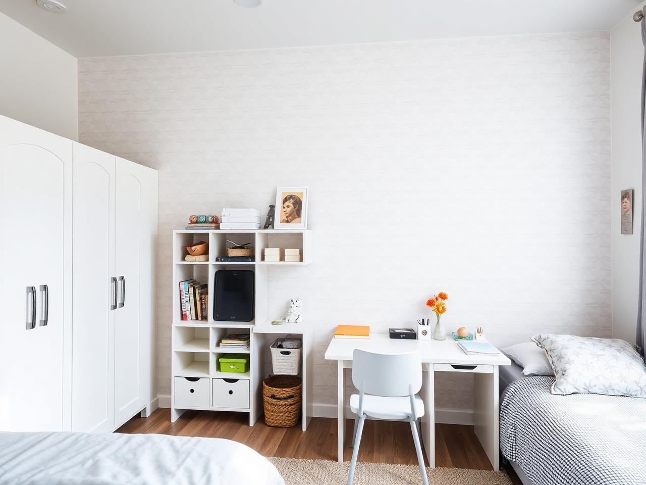 Kids bedroom with a light geometric wallpaper feature wall