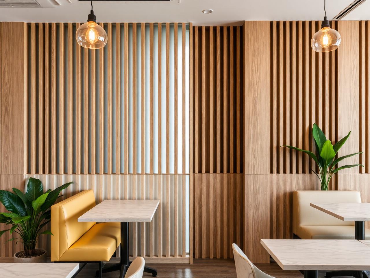 Cafe seating area with vertical wooden louver walls and pendant lights