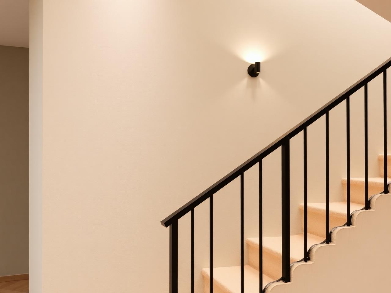 Stairwell with a textured sand lime plaster wall and black railing