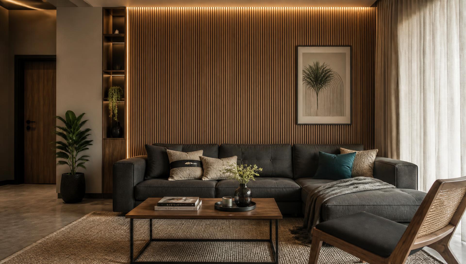 Living room with a full height warm oak slat wall and graphite sofa