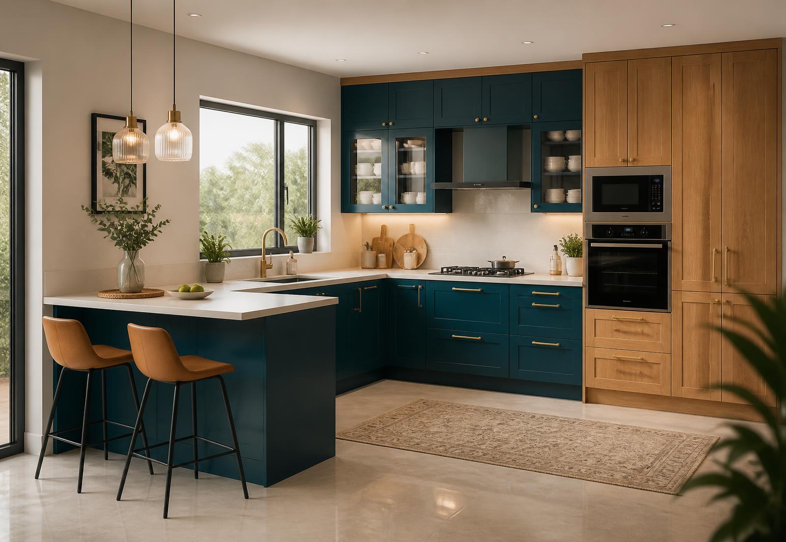 Teal and oak kitchen with breakfast counter and pendant lights