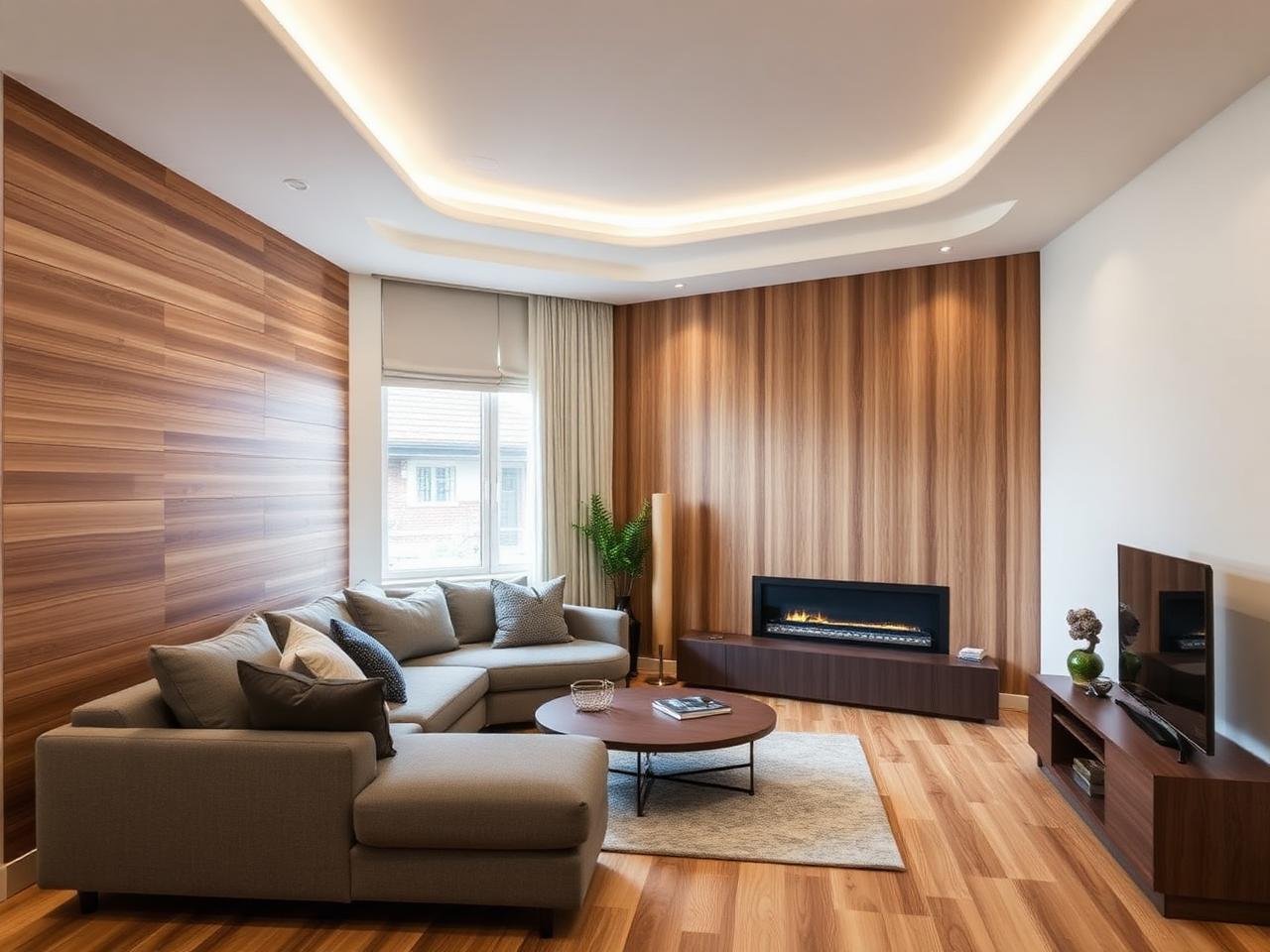 Renovated living room with a warm wood feature wall and cove lit ceiling