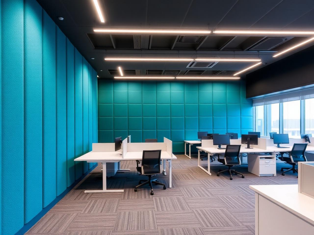 Office floor with teal acoustic panel walls, linear lighting and workstations