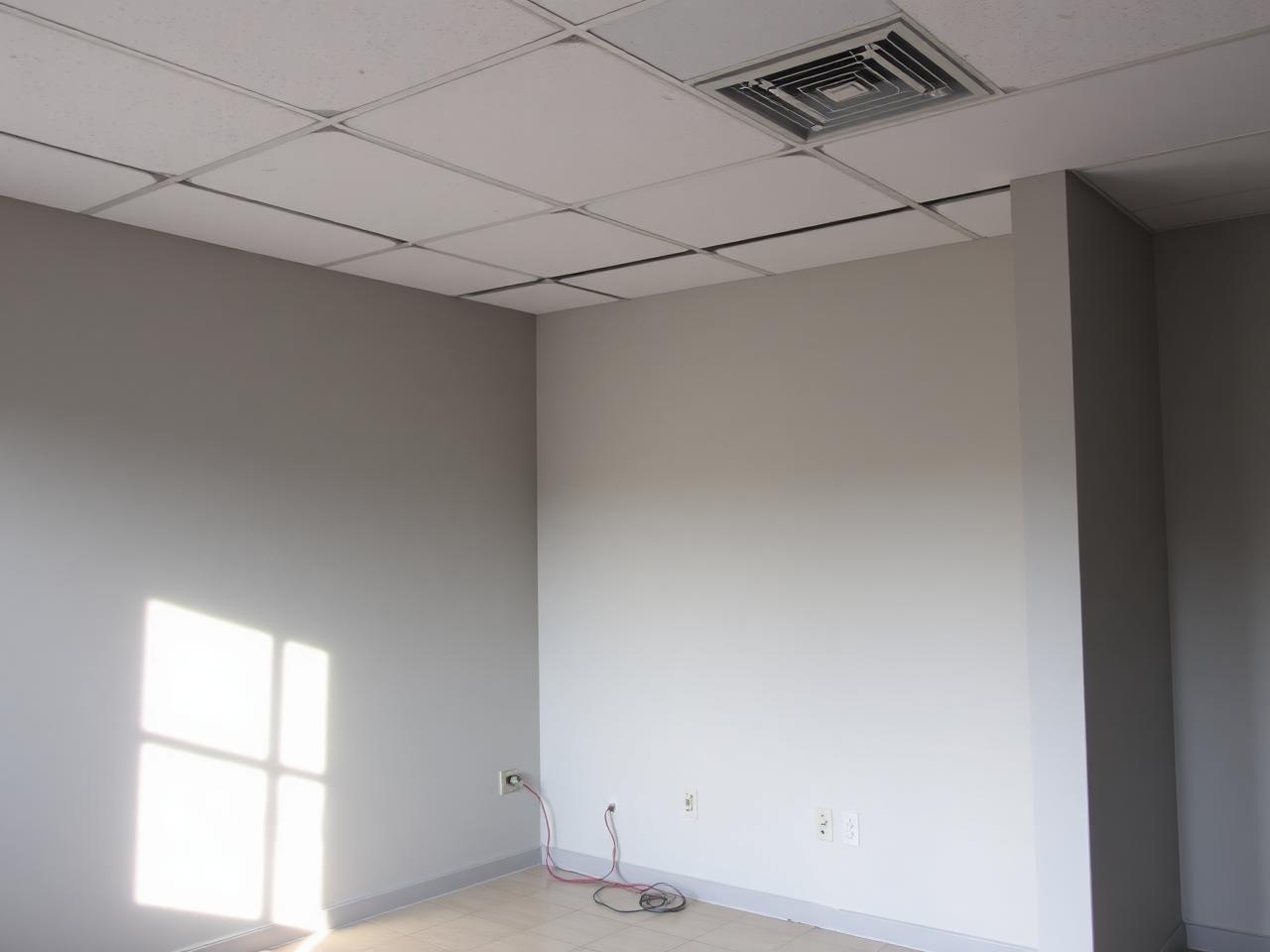 Old office room with bare grey walls and a dated tiled ceiling
