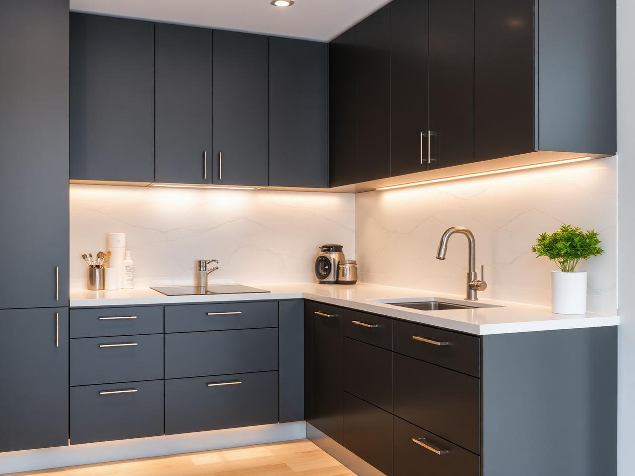 Renovated kitchen with matte graphite cabinets and marble-look backsplash panel