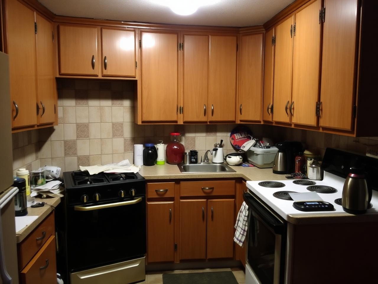 Dated kitchen with worn wooden cabinets and tiled backsplash